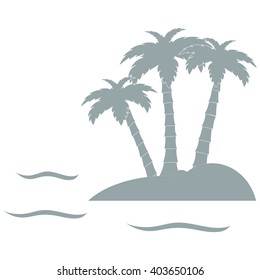 Stylized icon of the island with three palm trees surrounded by the sea with waves on white background