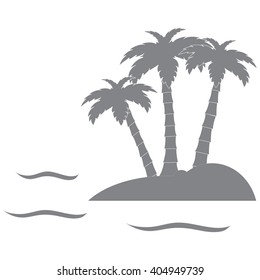 Stylized icon of the island with three palm trees surrounded by the sea with waves on white background