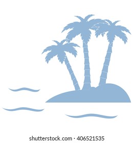 Stylized icon of the island with three palm trees surrounded by the sea with waves on white background