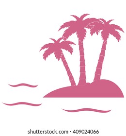 Stylized icon of the island with three palm trees surrounded by the sea with waves on white background