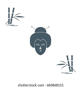 Stylized icon of japanese woman face and bamboo. Travel and leisure. Design for banner, poster or print.