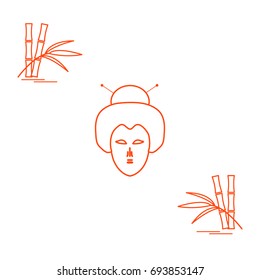 Stylized icon of japanese woman face and bamboo. Travel and leisure. Design for banner, poster or print.