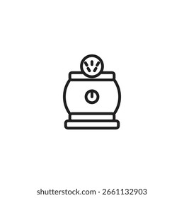 Un icono estilizado de un frasco o recipiente con una tapa con un diseño circular con tres puntos de exclamación. El frasco tiene un símbolo de Botón de energía.