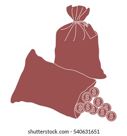 Stylized icon of a knotted bag with money and open bag with pours coins. Design for banner, poster or print.