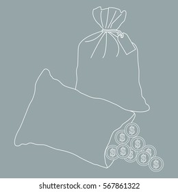 Stylized icon of a knotted bag with money and open bag with pours coins. Design for banner, poster or print.