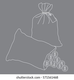 Stylized icon of a knotted bag with money and open bag with pours coins. Design for banner, poster or print.