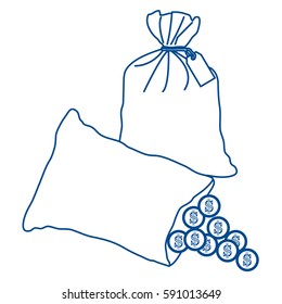Stylized icon of a knotted bag with money and open bag with pours coins. Design for banner, poster or print.