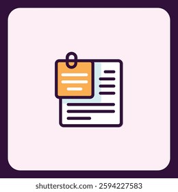 Stylized icon of layered documents and pinned note for organization, task management