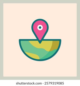 Stylized icon of location pin on a semi-circular globe representing geographical location