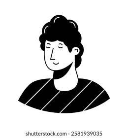 A stylized, icon of a man with dark curly hair, closed eyes, and a peaceful expression.