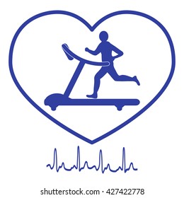 Stylized icon of the man jogging on a treadmill within the heart icon and heart rhythm on a white background