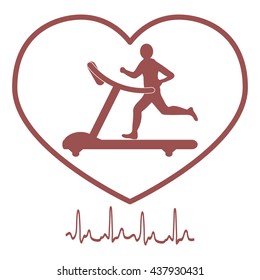 Stylized icon of the man jogging on a treadmill within the heart icon and heart rhythm on a white background