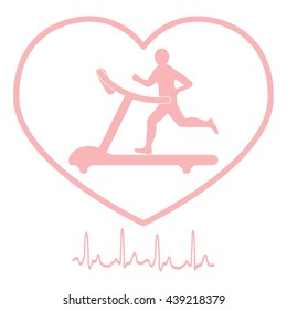 Stylized icon of the man jogging on a treadmill within the heart icon and heart rhythm on a white background