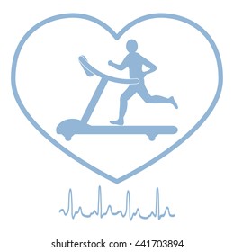 Stylized icon of the man jogging on a treadmill within the heart icon and heart rhythm on a white background