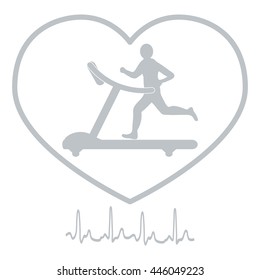 Stylized icon of the man jogging on a treadmill within the heart icon and heart rhythm on a white background
