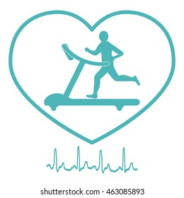 Stylized icon of the man jogging on a treadmill within the heart icon and heart rhythm on a white background