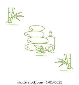 Stylized icon of massage stones for spa procedures, leaves, flower, candle and bamboo. Spa and beauty. Design for banner, poster or print.