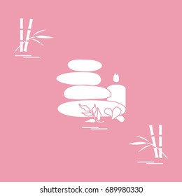 Stylized icon of massage stones for spa procedures, leaves, flower, candle and bamboo. Spa and beauty. Design for banner, poster or print.