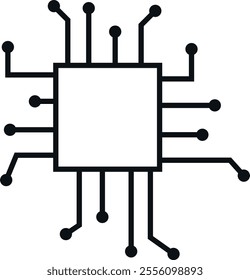Stylized icon of a microchip, with a central square and multiple lines extending outward to small circles, symbolizing the connections or pins of the microchip. Represents technology and electronics.