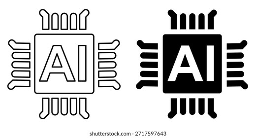 Um ícone estilizado de um microchip com as letras AI mostradas de forma proeminente, simbolizando inteligência artificial e computação avançada.