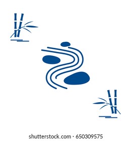 Stylized Icon Of Minimal Japanese Rock Garden And Bamboo. Zen Garden Vector Illustration.