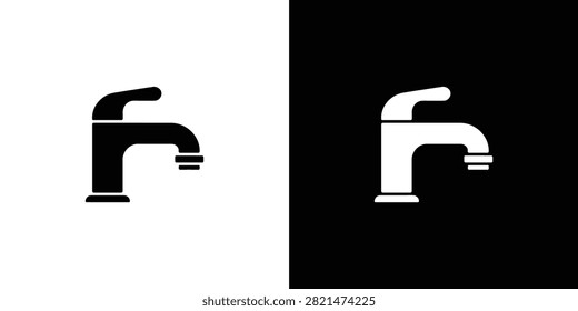 Stylized icon of a modern faucet with flowing water stream shown in sleek black and white contrast for clean graphic design use