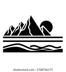 Stylized icon of nature's elements mountains sun sea