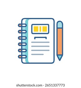 Stylized icon of notebook with pencil in modern flat design. Isolated on White Background.