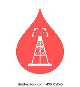 Stylized icon of the oil rig with fountains spurting up oil with oil in the color of fuel drop on a white background