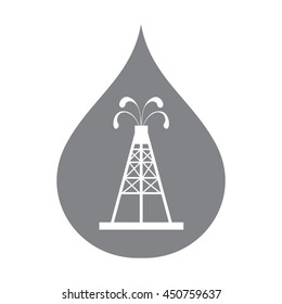 Stylized icon of the oil rig with fountains spurting up oil with oil in the color of fuel drop on a white background