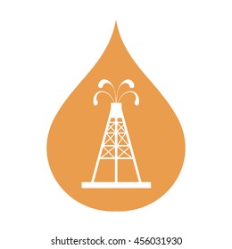 Stylized icon of the oil rig with fountains spurting up oil with oil in the color of fuel drop on a white background