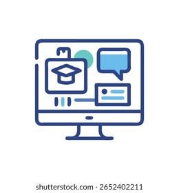 A stylized icon of an online learning platform on monitor. Flat design uses blue hues, including a graduation cap icon.