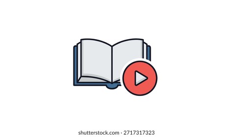 Ícone estilizado de um livro azul aberto com uma sobreposição em círculo com um botão vermelho representando aprendizagem de vídeo e audiolivros digitais.