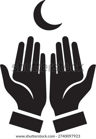 Stylized icon of open hands reaching upwards towards a crescent moon representing Islamic prayer and devotion