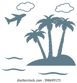 Stylized icon palm trees on an island in the ocean and a flying plane on white background
