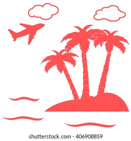 Stylized icon palm trees on an island in the ocean and a flying plane on white background