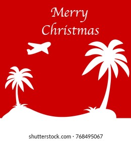 Stylized icon palm trees on an island in the ocean and a flying plane
