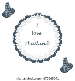 Stylized icon of pearl necklace and herbal pouches for massage. Spa and beauty. Design for banner, poster or print.