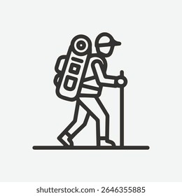 Stylized icon of a person hiking with a backpack and trekking pole	