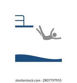 Stylized icon of a person jumping from a diving board into a pool of water. Represents swimming, sports, and recreation.