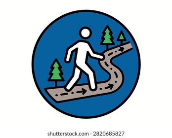 A stylized icon of a person walking on a winding path with directional arrows, flanked by green pine trees, all contained within a vibrant blue circle, representing outdoor activity.