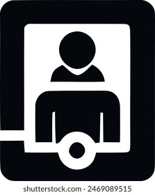 A stylized icon of a person wearing a headset and holding an 'i'm ready to help' sign, typically used for customer service or tech support.