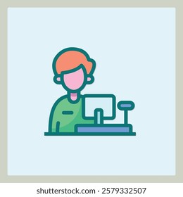 A stylized icon of a person working as a cashier at a counter with a monitor and cash register