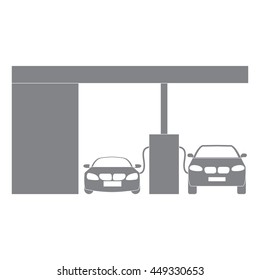 Stylized icon of a petrol station with two cars on a white background