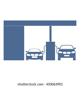 Stylized icon of the petrol station with two cars on a white background