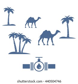 Stylized icon of the pipe with a valve and fuel drops on a white background with palm trees and camels