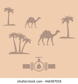 Stylized icon of the pipe with a valve and fuel drops on a color background with palm trees and camels