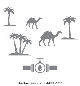Stylized icon of the pipe with a valve and fuel drops on a white background with palm trees and camels