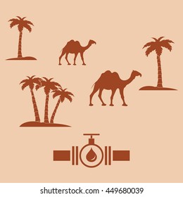 Stylized icon of the pipe with a valve and fuel drops on a color background with palm trees and camels