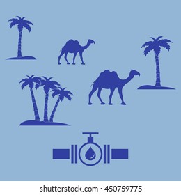 Stylized icon of the pipe with a valve and fuel drops on a color background with palm trees and camels